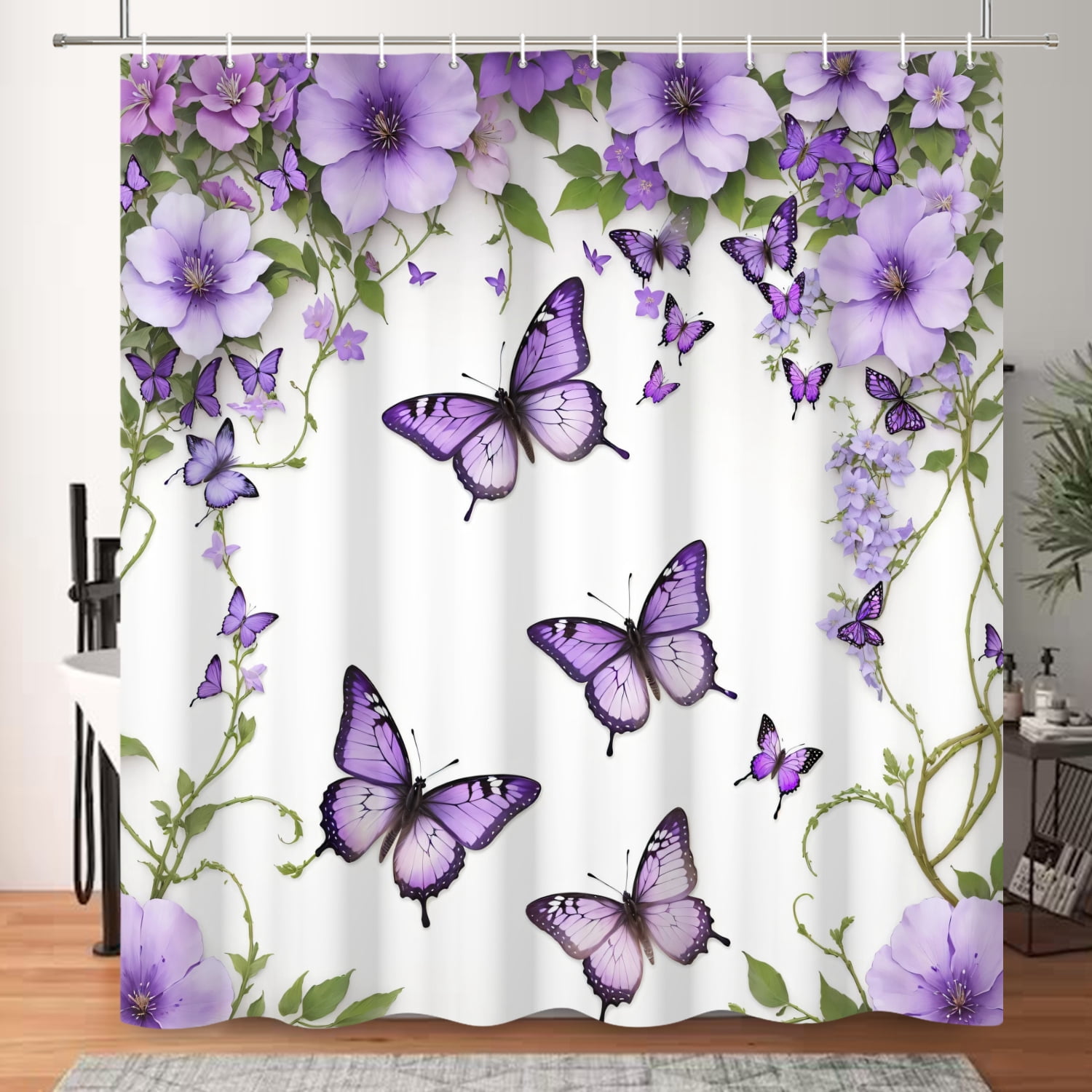 SUNOLIFE Purple Shower Curtain Butterfly Waterproof Fabric Bathroom Shower Curtains, 72x72 in