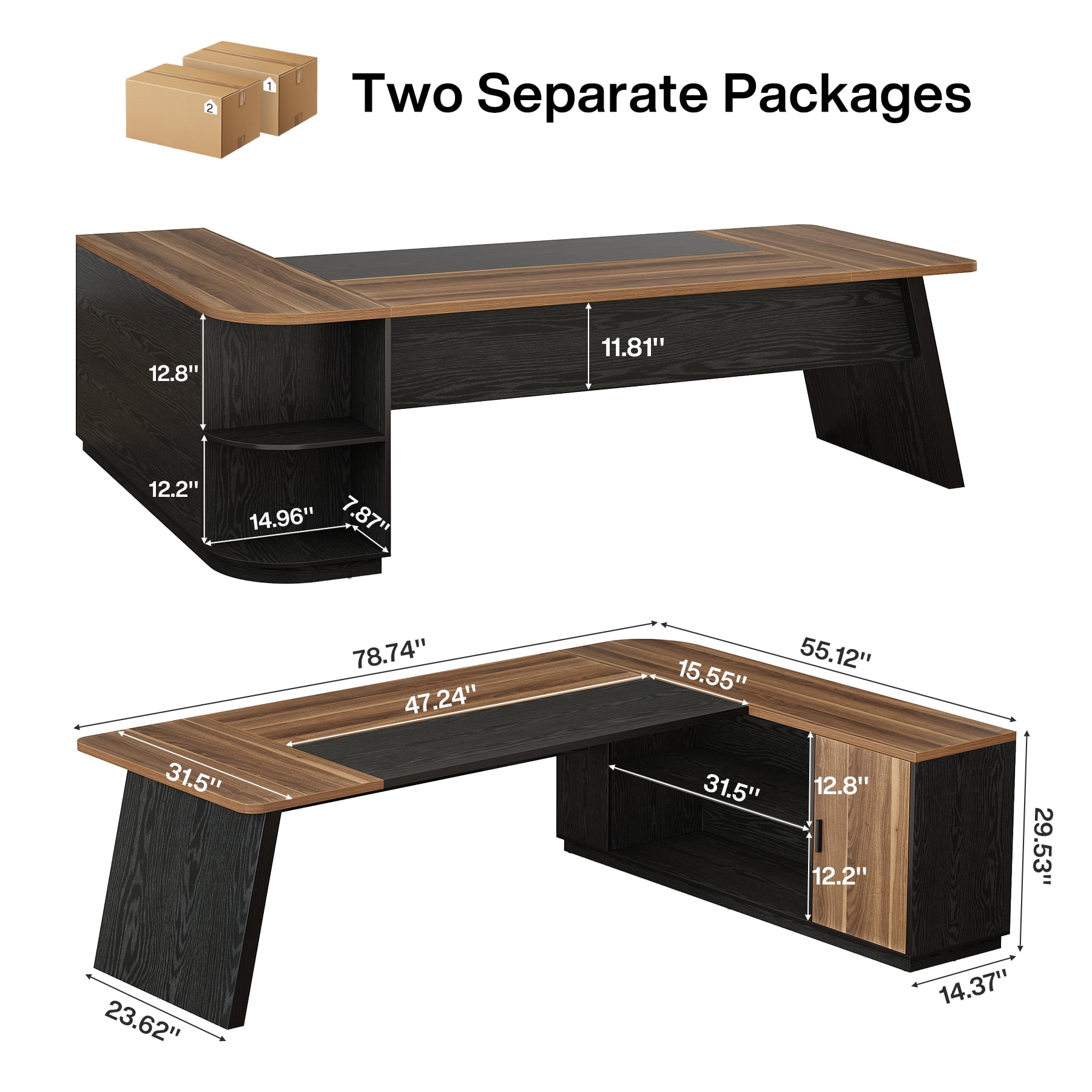 Finmind 79-inch Executive Desk, Large Office Desk with Cabinet, L-Shaped Computer Table with Storage Shelves for Home Office, Walnut and Black