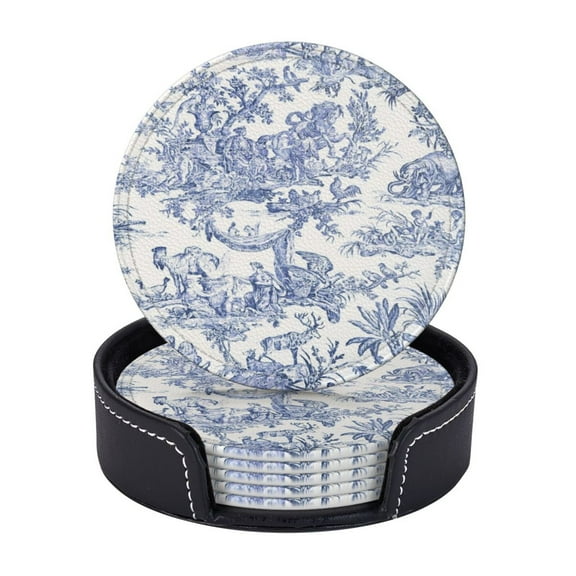 Blue Toile De Jouy Coasters With Leather Holder Set Of 6 Round Coasters for Home and Kitchen Decor