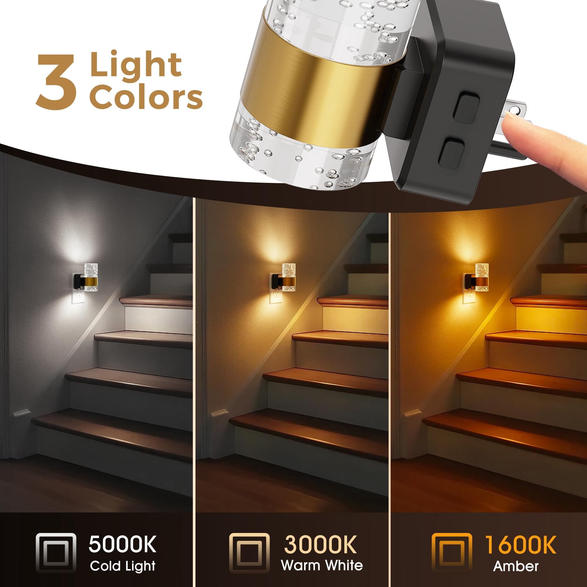 Night Lights Plug Into Wall 2 Pack  Dimmable Light With Dusk-to-dawn Sensor Soft White/cool White/amber 3 Color Adjustable Brightness Rotatable Bubble Nightlight For Hallway
