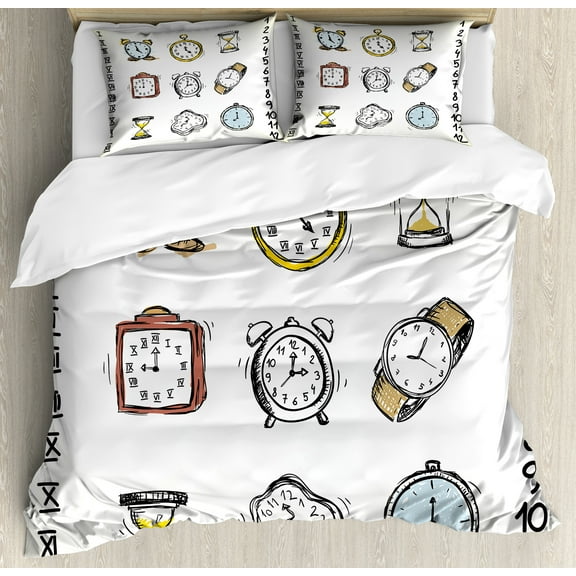 Hipster Duvet Cover Set, Assortment of Vintage Watchesd Doodled Clocks Hand Drawn Illustration, Decorative 2 Piece Bedding Set with 1 Pillow Shams, Twin Size, White and Black, by Ambesonne