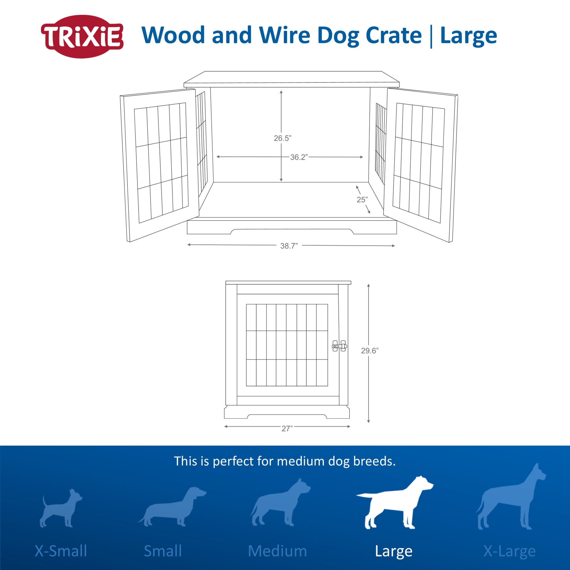 TRIXIE 38.7" Dog Crate, Wooden Indoor Kennel Furniture for Large Dogs Up to 66 lb, White