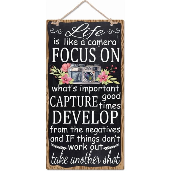 Inspirational Word Wood Sign Plaque Life is Like a Camera Motivational Sayings Hanging Wall Sign Camera Pattern Wall Decor with Jute Twine for DIY Home Art Decor Wall 9.8x5.1 Inch