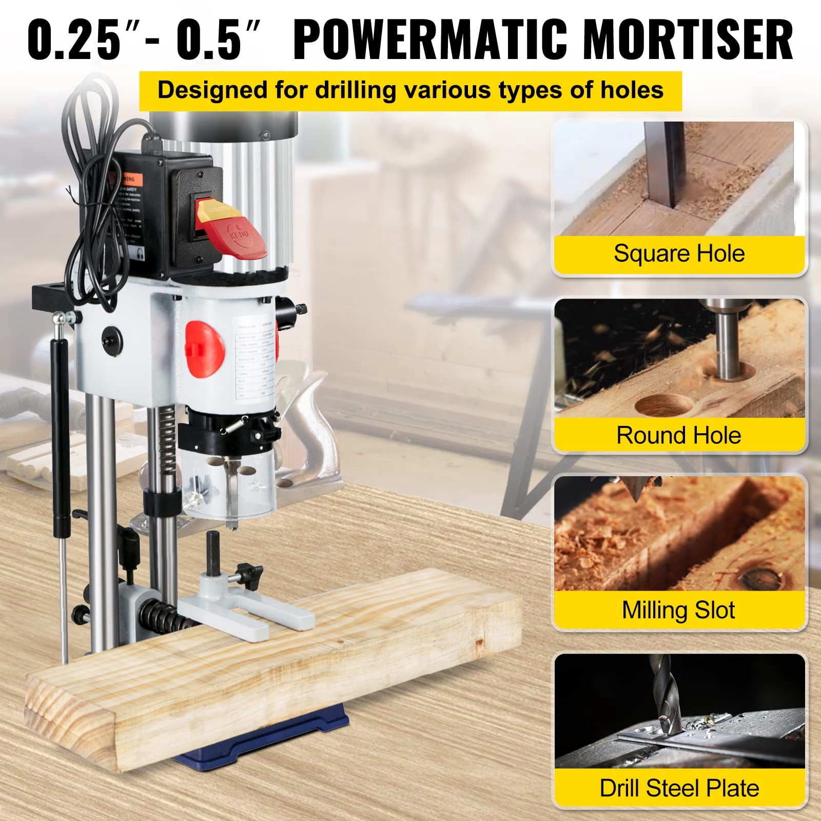 KFFKFF Woodworking Mortise Machine Benchtop Mortiser MS36127A3 Cast Iron & Steel 3400 RPM Gray 1 Unit
