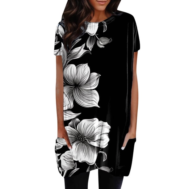 Gibobby Blusa de Trabajo de Manga Corta Mujeres Verano Casual Cuello Redondo Manga Corta Bolsillo Colorido Flor Estampado Largo Top(Negro,G)