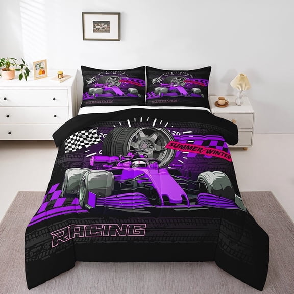 Erosebridal Sport Car Bedding Twin Comforter Set,Buffalo Plaid Down Comforter,Extreme Sport Bedding Sets Twin with Comforter,Microfiber Car Room Decorative,Reversible,3pcs