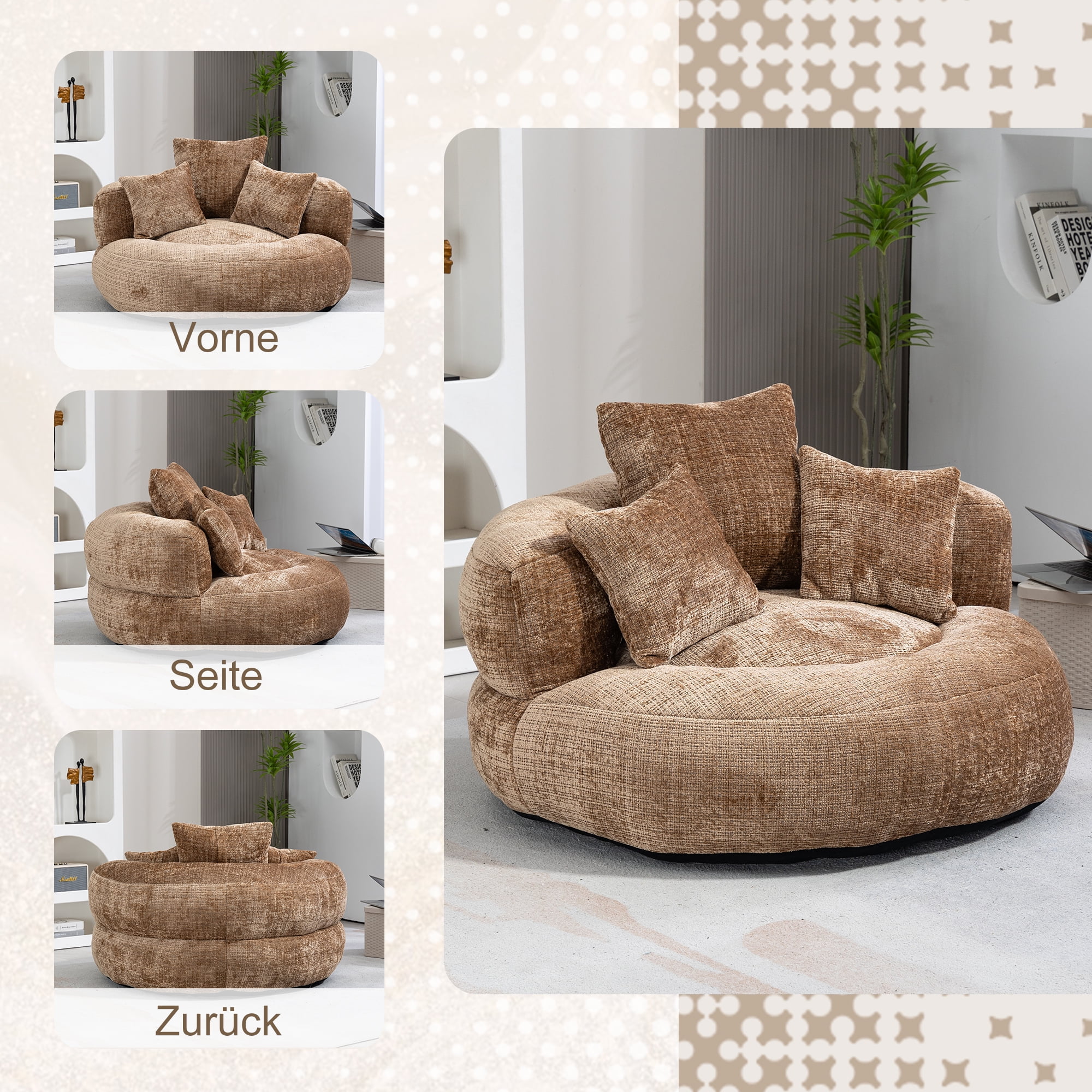 MOONMISS Chenille High Back Lazy Boy Sofa with Throw Pillows for Adults and Children, Indoor Outdoor, Caramel