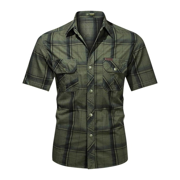 Camiseta de Manga Corta de la Moda de los Hombres Casual Color Sólido Bolsillos de Carga Botones Gira Cuello Superior