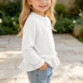 thumbnail image 4 of Yeaiivve Baby Toddler Girls Cute Tops Long Sleeve Ruffle Hem Blouse for Kids Cotton Blend Soft Crewneck Basic Tees Little Girl Solid Color Casual T-Shirts Fall Clothes White 6 Years, 4 of 8