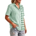 thumbnail image 5 of Button Down Shirts for Women Collared Shirt Short Sleeve Plaid Stripe Patchwor Linen Summer Tops, 5 of 6