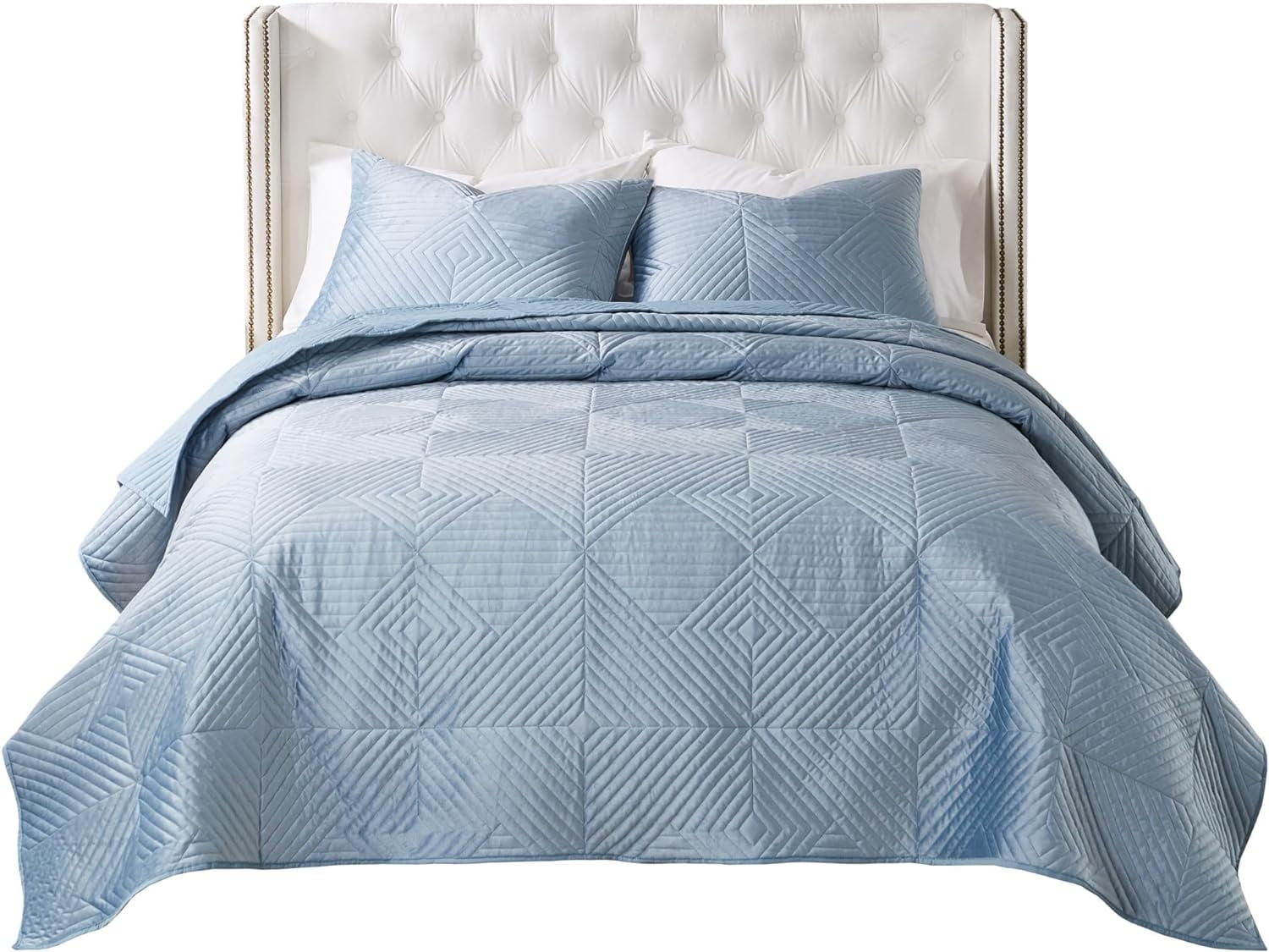 Barefoot Bungalow Riviera Velvet Finely Stitched Modern Quilt Set, Spa Blue, 3-Piece Full/Queen
