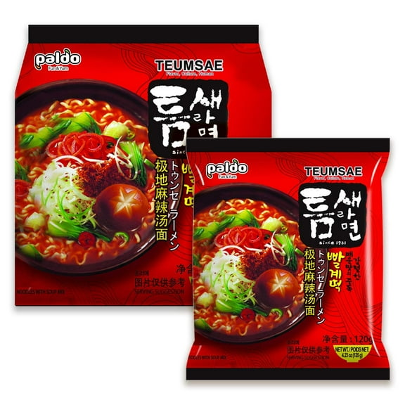 Paldo Fun & Yum Extra Hot Spicy Instant Noodles with Soup, Pack of 5, Teumsae Ramen with Spicy Broth, Best Oriental Style Korean Ramyun, Spicy Ramen Challenge, K-Food, 틈새라면 빨계떡 120g x 5