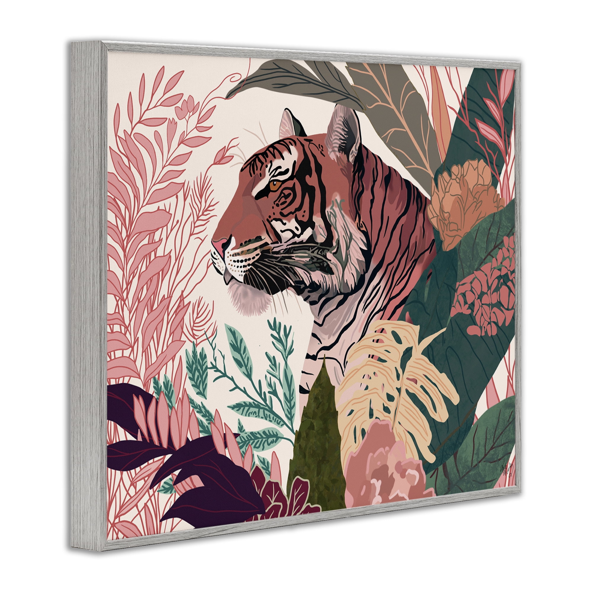 Stupell Industries Tiger Peeking from Leaves Animals & Insects Painting Gray Framed Art Print Wall Art, 20 x 16