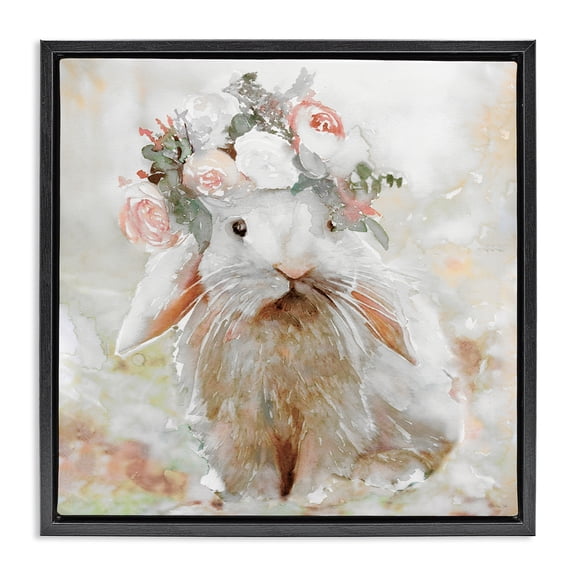 Stupell Industries Spring Floral Bunny Animals & Insects Painting Black Floater Framed Canvas Art Print Wall Art, 18 x 18