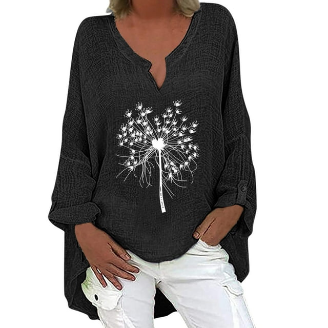 Hauts Confortables pour Femmes T-Shirt à Manches Longues Automne Ouvert devant Coton Lin Ample Blouse Imprimée