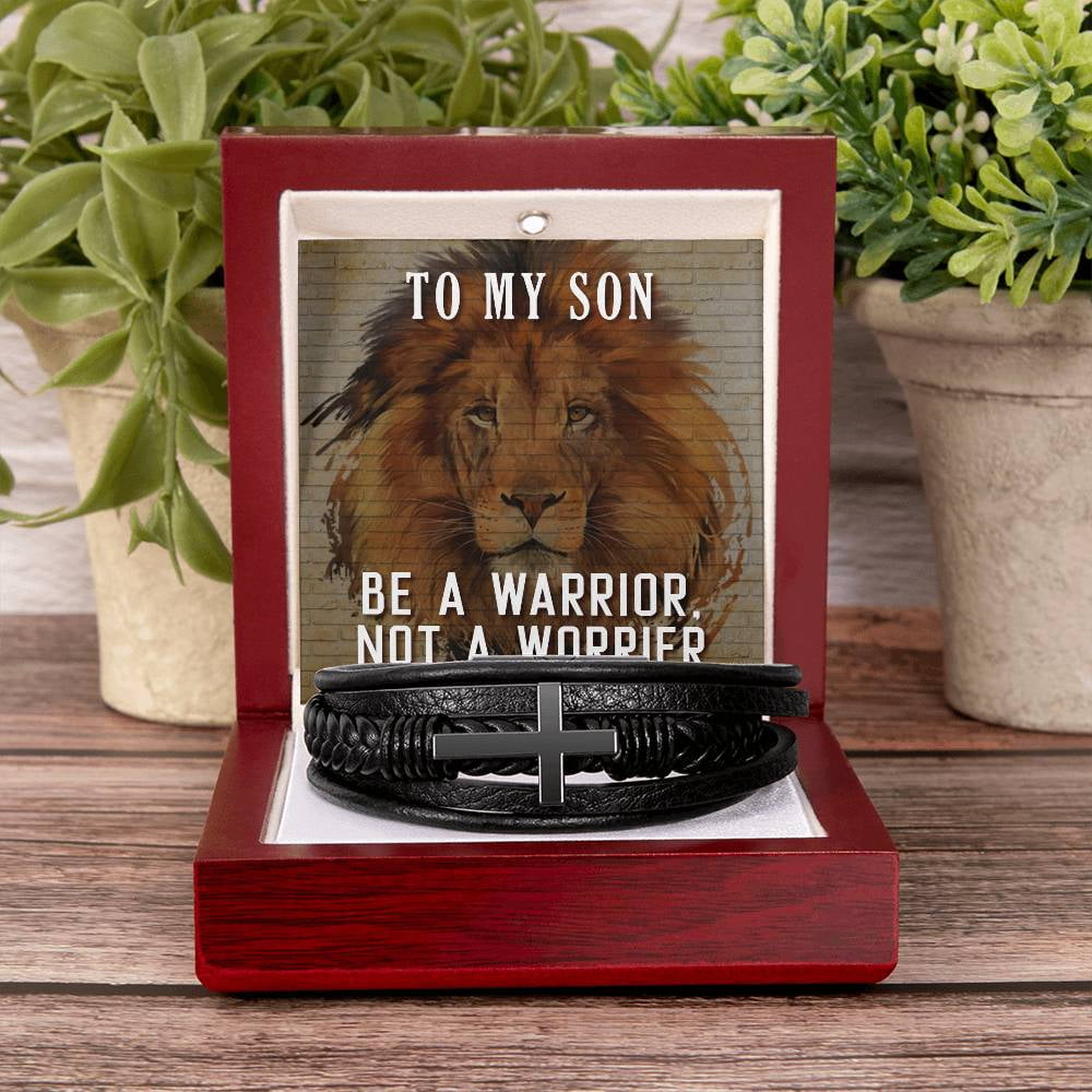 To My Son Be a Warrior Not a Worrier Men's Cross Bracelet - Vegan Leather with Stainless Steel