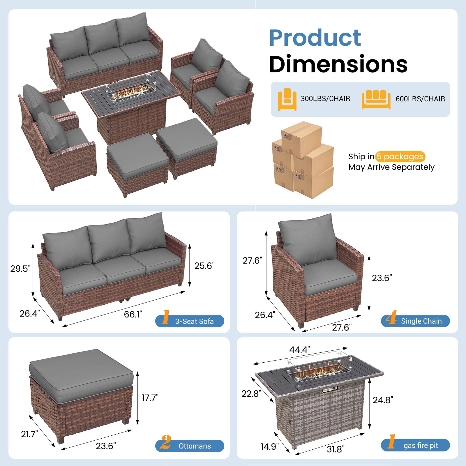 ELPOSUN 7 Pieces Outdoor Patio Furniture Set with Fire Pit Table, Outdoor Wicker Sectional Patio Conversation Set with Ottoman for Garden, Poolside, Backyard, Gray Cushion