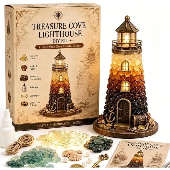 Beginner-Friendly DIY Lighted Sea Glass-Style Lighthouse Kit Collection, Complete Kit with Sea Glass-Style Pieces, Gift for Craft Lovers, Handmade Home Decor (H)