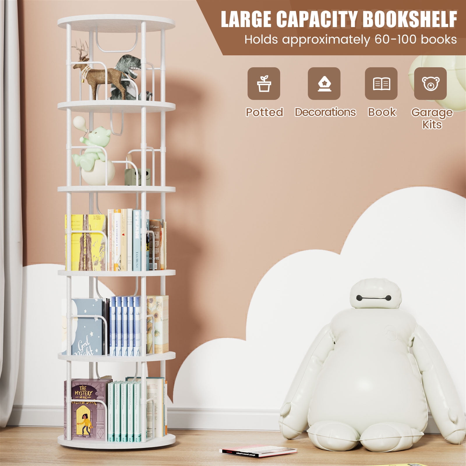 Flycity 5 Tier Rotate Bookcases, 360° Display Corner Shelf Spin Bookcases with Special Visible Partition Storage, White