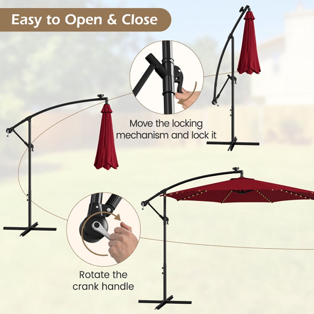 Aimee Lii 10 Feet Patio Offset Umbrella with 112 Solar-Powered LED Lights, Sunbrella Patio Umbrellas, Red Aimee Lii 10 Feet Patio Offset Umbrella with 112 Solar-Powered LED Lights, Sunbrella Patio Umbrellas, Red