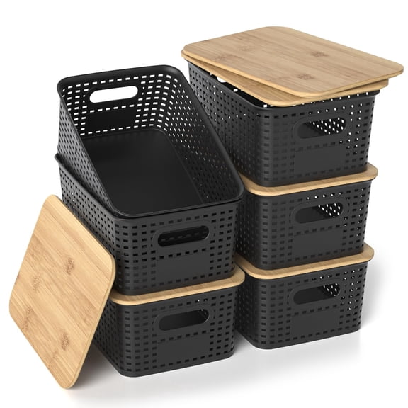 Plastic Storage Baskets with Bamboo Lids, Stackable Small Organizer Bins for Shelves Drawers Desktop Closet Pantry Home Office Classroom