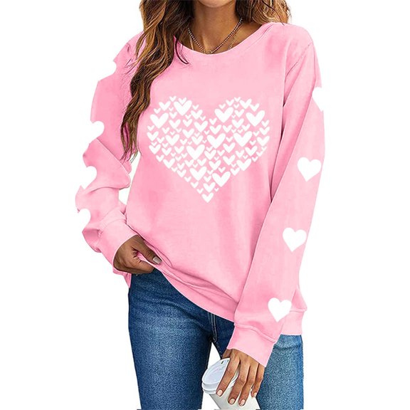Women's Valentine's Crewneck Sweatshirt with Heart Print Long Sleeve Pullover for Romantic Celebrations Pink-2 S
