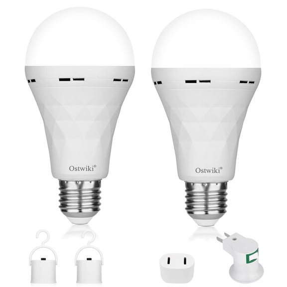 2 Pack Emergency Rechargeable Light Bulbs,Battery Operated Backup Light Bulb 9W E27 8500K 1200mAh White Equivalent Self-Charging LED Light Bulbs for Power Outage Camping Outdoor Activity