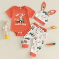 thumbnail image 2 of mgoYE Toddler Boy Clothes My First Easter Baby Boy Outfit Excavator Boy Bunny Short Sleeve Romper Pants Hat Infant Onesie Newborn Clothes(Orange,3-6 Months), 2 of 9