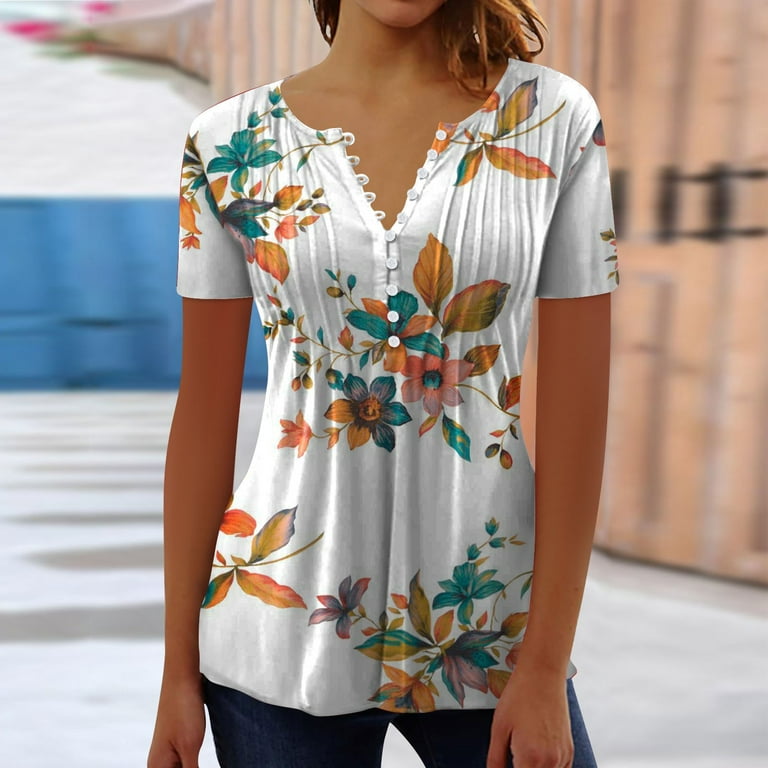 Sksloeg Womens Blouse Plus Size Button Down Shirts for Women Floral Print  Summer Tops Dressy Casual Bell Tunic Short Sleeve Henley Spring