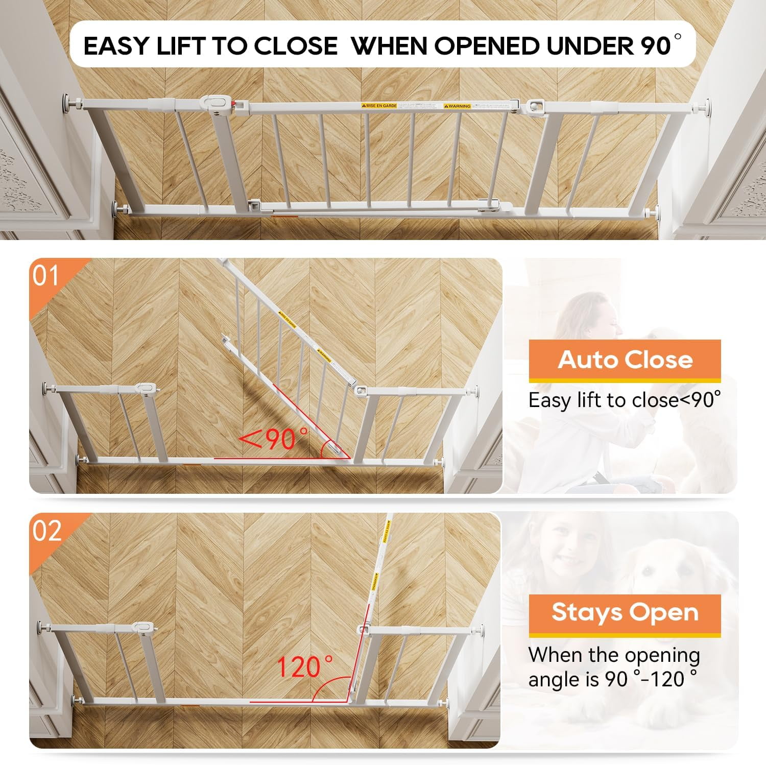 Dkelincs 36"Tall Dog Gate for Doorways & Stairs, Walk-Through Metal Pet Gates Adjustable Safety Gates Fits 28"-40"Wide Opening, White