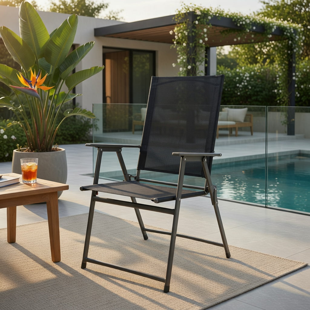 Hommoo 4-Pack Folding Patio Chairs with Rust-Resistant Metal Frame, Heavy-Duty Outdoor Chairs, Space-Saving Foldable Design for Backyard, Deck & Camping, Black