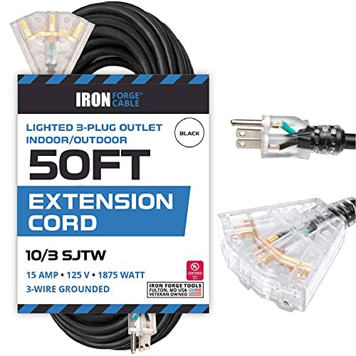 50 Foot Outdoor Extension Cord with 3 Electrical Power Outlets 10/3