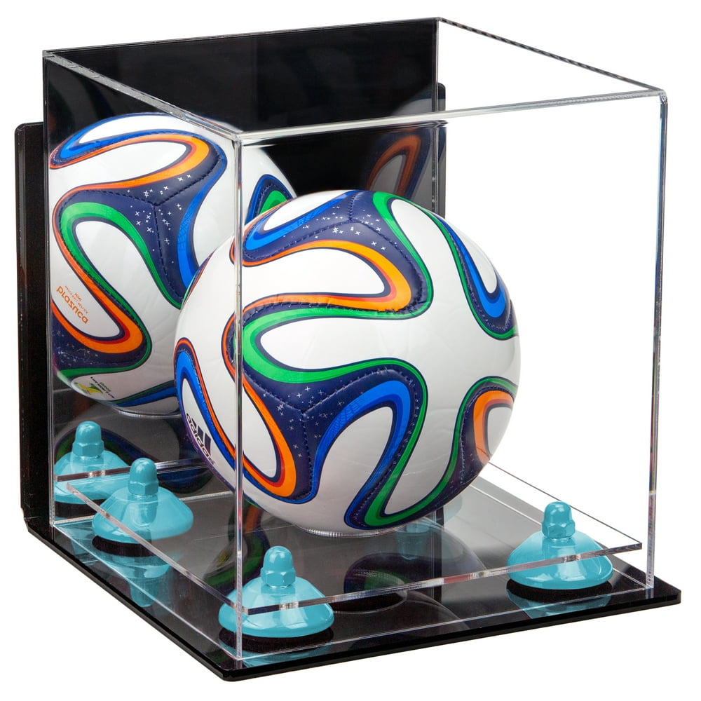 Acrylic Mini Miniature (not Full Size) Soccer Ball Display Case with Mirror, Wall Mount, Blue