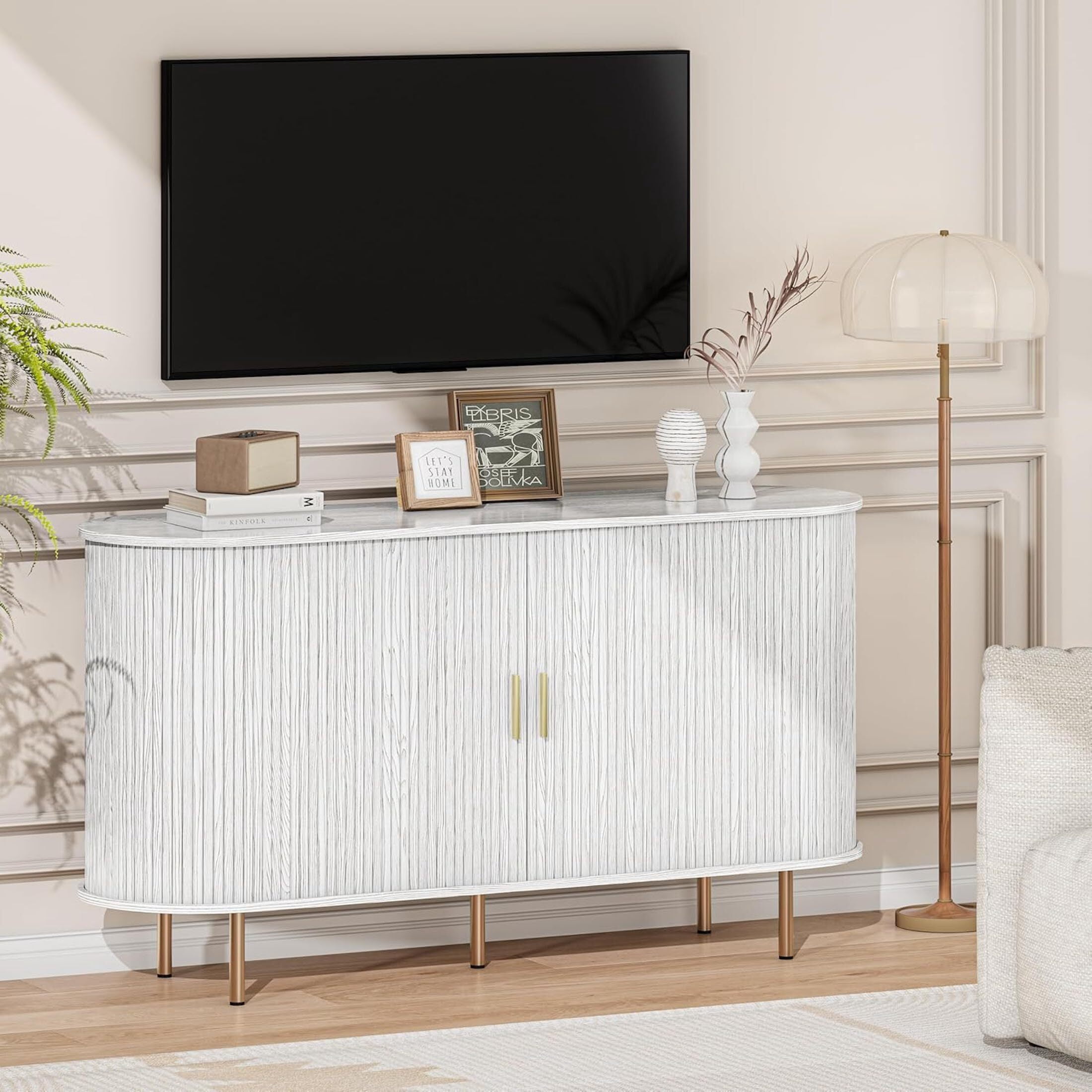 Aisword Sideboard Buffet Cabinet with Storage,Mid Century Modern Fluted Accent Coffee Bar Console Table,Tambour Sliding Doors& Adjustable Shelf for Kitchen, Living Room, Entryway, 55 Inch White