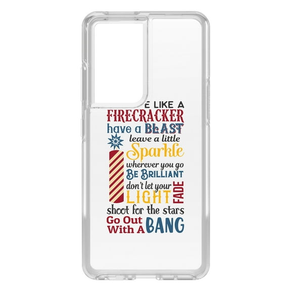 DistinctInk Clear Shockproof Hybrid Case for Galaxy S21 ULTRA 5G (6.8" Screen) - TPU Bumper Acrylic Back Tempered Glass Screen Protector - 4th of July Word Art Firecracker