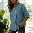 thumbnail image 5 of Mifsaly Vacation Tops for Women Button Down Short Sleeve Linen Shirts with Drawstring Hem Lightweight Flowy Loose Fit Textured Summer Boho Clothes Navy,L, 5 of 7
