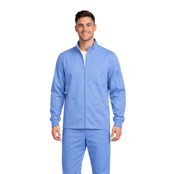 M&M SCRUBS Men’s Scrub Jacket Zip Front – Stretch Medical Warm-Up Jacket with 5 Pockets, ID Loop (Ceil Blue, Medium)