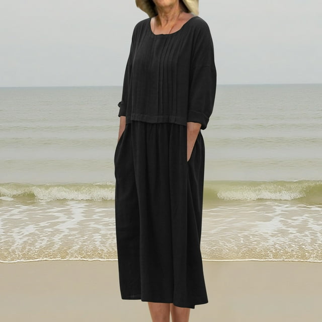 Robes d'Été pour Femmes 2025 Mode Zeophrasy Robe Longue Décontractée à Manches Longues et Col Rond Plissé Couleur Unie en Liquidation à Moins de 5