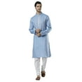 thumbnail image 3 of Ethnix Men's Embroidered Banded Collar Pure Linen Indian Kurta Tunic Pajama Set; Sky Blue; MD, 3 of 6