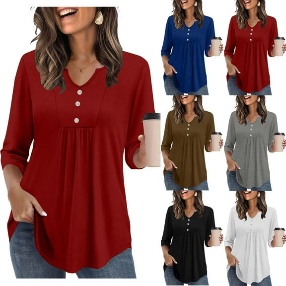 Women Blouses 3/4 Sleeve V-Neck Solid Color Shirts for Women Dressy Casual Loose T-shirt Outdoor Sport Pullover Outerwear S-2XL