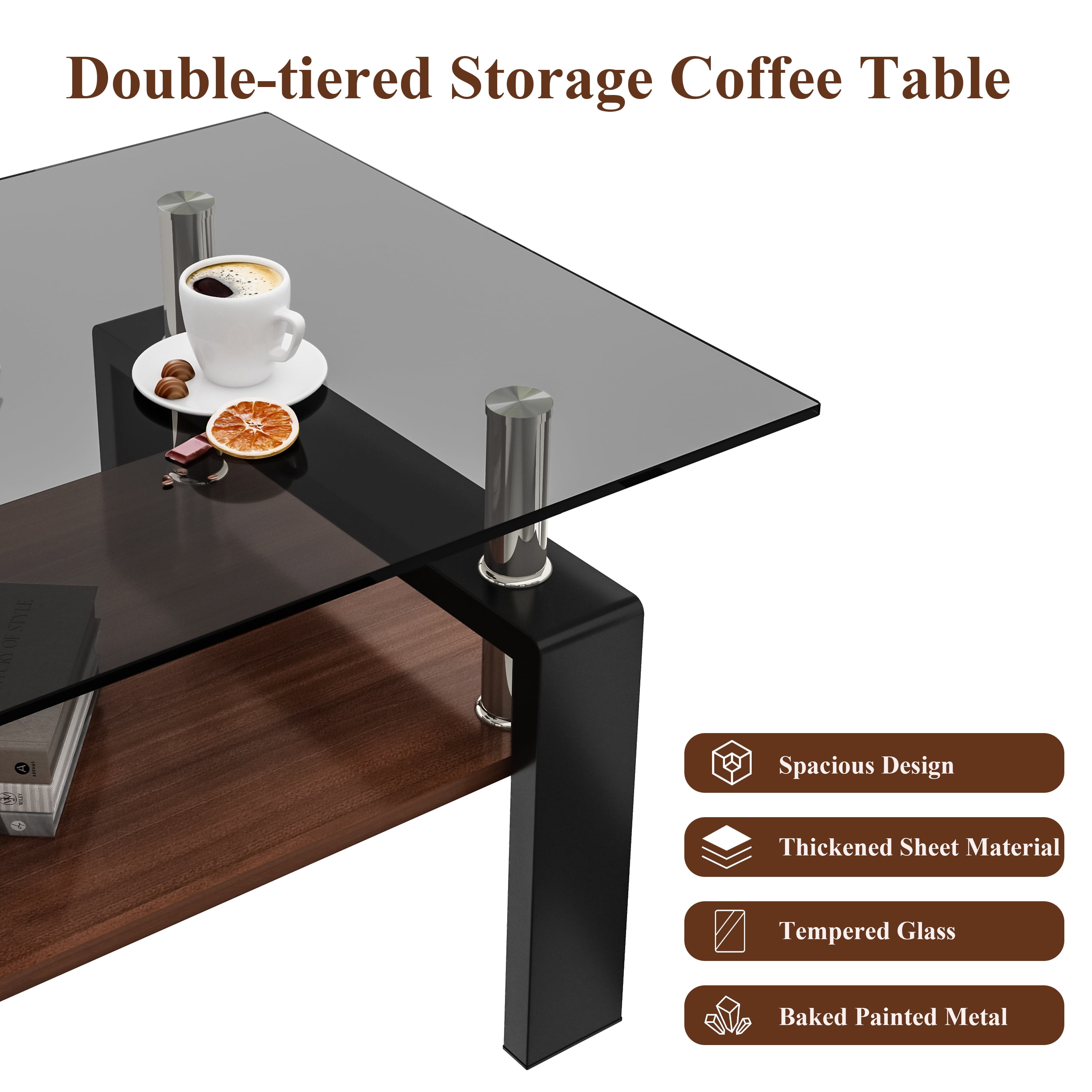 MAYEERTY Rectangle Coffee Table with Gray Tempered Glass & MDF Shelf