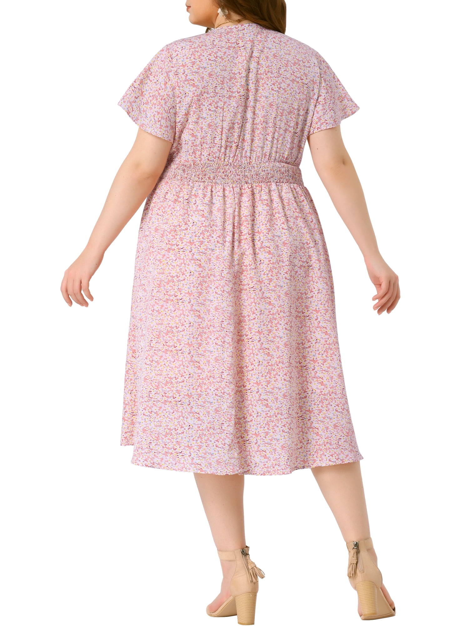 DARING DIVA Plus Size Ditsy Floral V Neck Smocked Waist Midi Dress 3X Pink