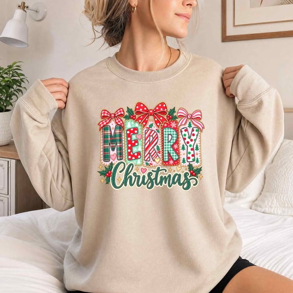 Jollimate Sweatshirt for Women, Merry Christmas Patchwork Bow Graphic, Cute Holiday Gift