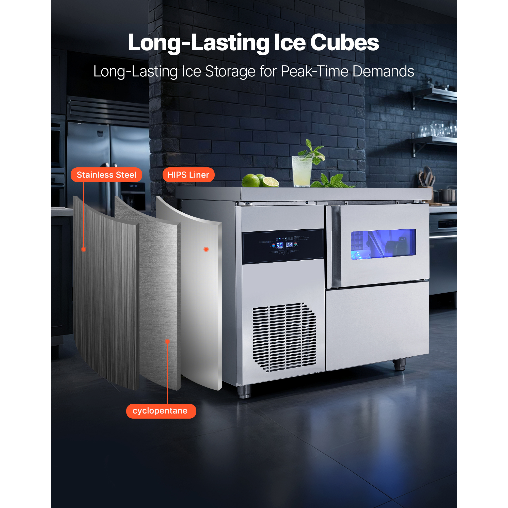 KFFKFF Commercial Ice Maker Machine, 132 lbs/24H Stainless Steel Ice Machine with Countertop, 30 lbs Storage & 70 Cubes Per Cycle, Self-Cleaning Freestanding Ice Maker for Home, Bar, Office