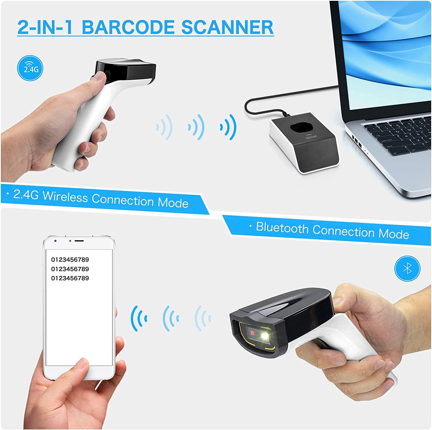 NETUM Bluetooth Wireless 2D Barcode Scanner with Charging Cradle, Hands Free Automatic Sensing Bar Code Reader 1D 2D QR pdf417 Scan Gun Works with MAC OS, Windows, iOS, Android - DS7500