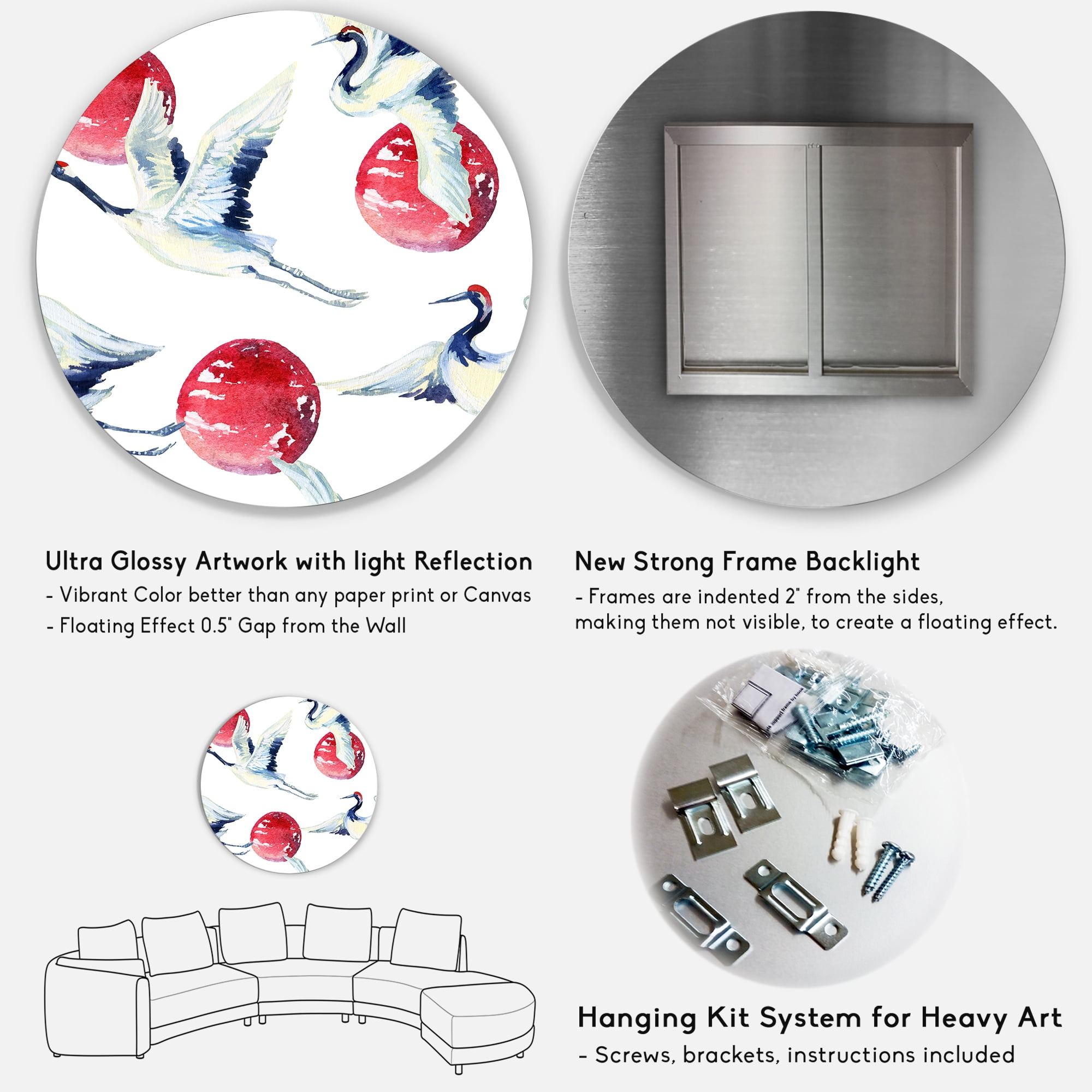 Designart 'Red Full Moon With Asian Crane Bird' Traditional Circle Metal Wall Art 11x11 - Disc of 11
