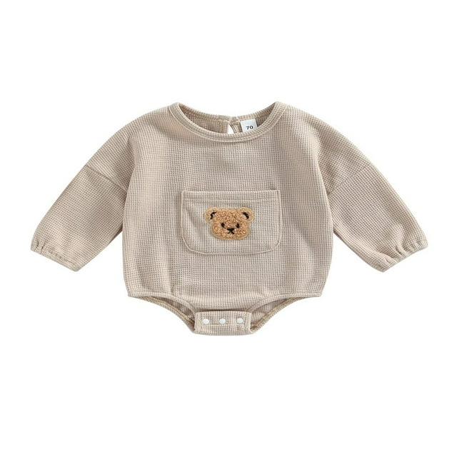 Baby Fall Romper Casual Long Sleeve Bear Embroidery Front Pocket One-Piece Bodysuit