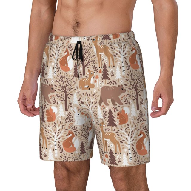 Fotbe Woodland Animals in Neutral Tones Traje de Baño para Hombre – Shorts de Natación de Secado Rápido con Forro y Bolsillos-Medium