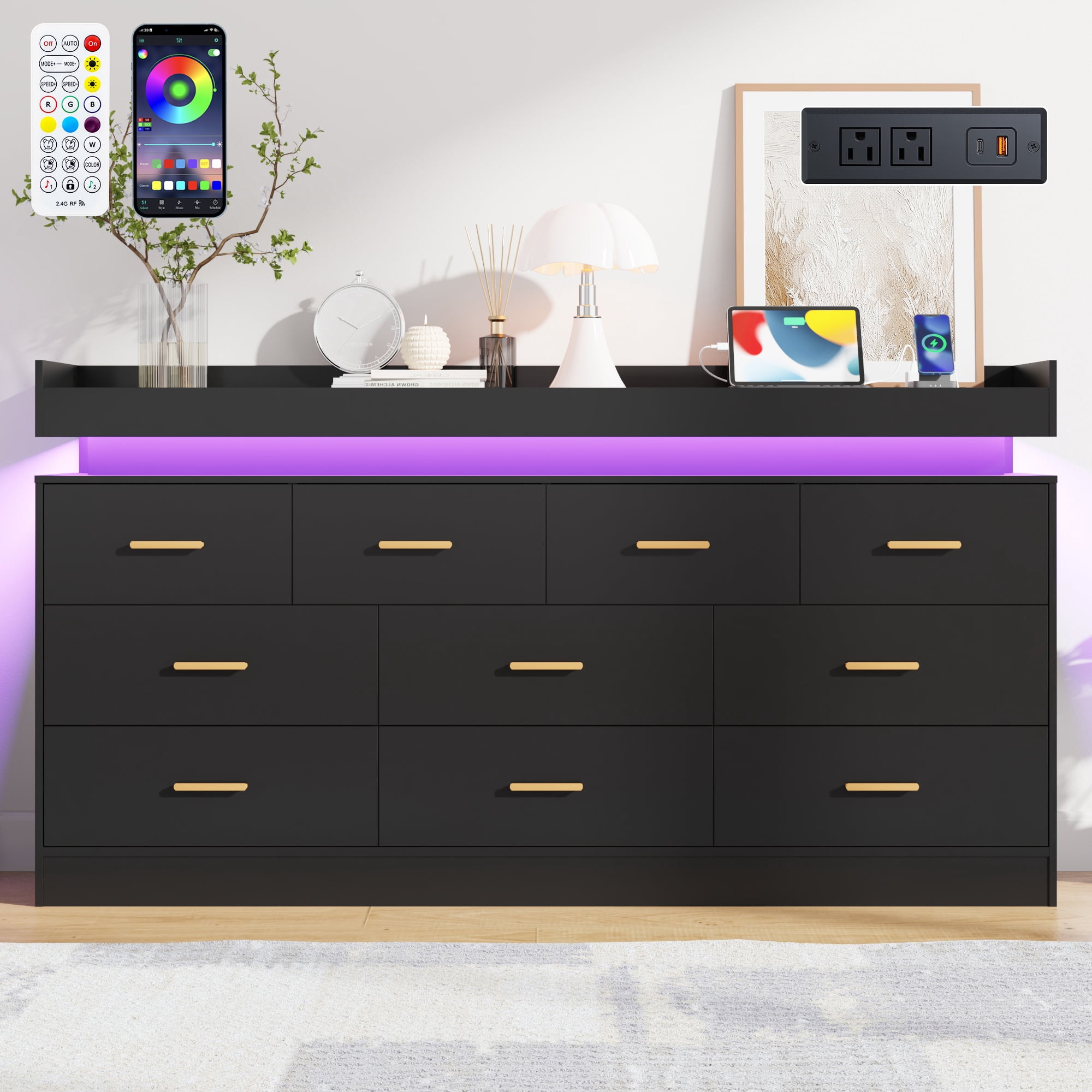 ChVans Black Dresser with Charging Station and LED Lights, Modern Chest of Drawers for Closet, 10 drawer dresser for Bedroom, Living Room, Entryway, Hallway