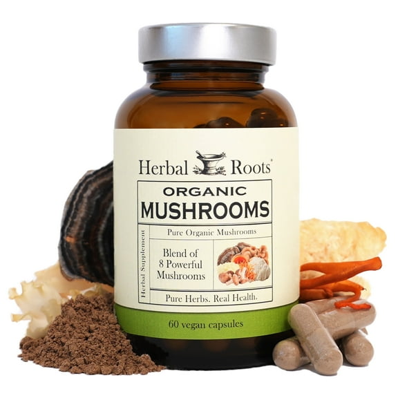 Herbal Roots Organic Mushroom Extract Supplement, 8 Species, 60 Vegan Capsules